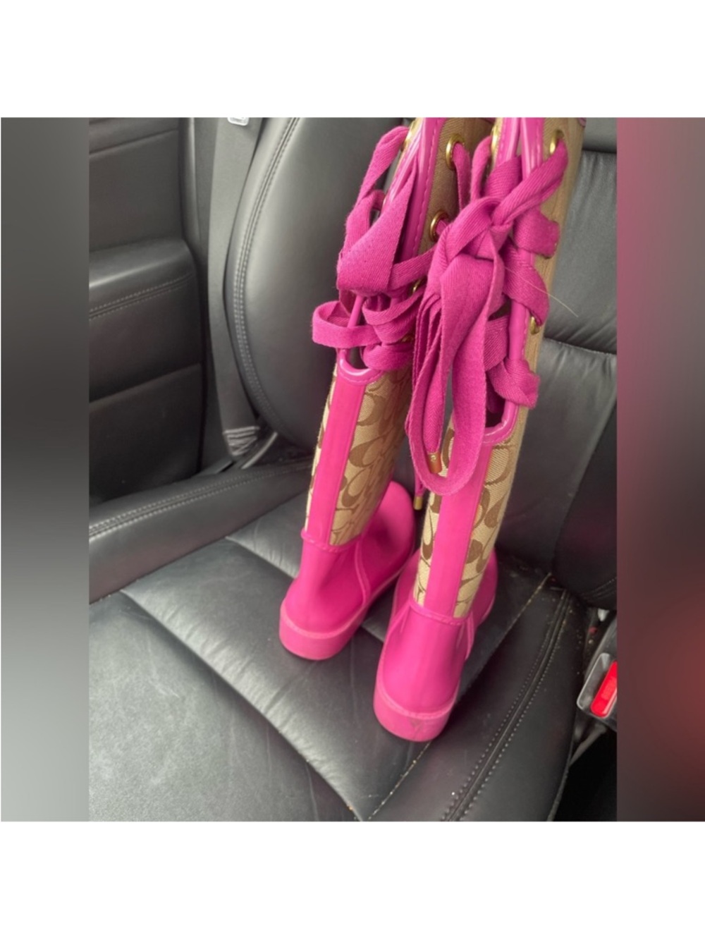 Coach Signature Canvas Knee-High Boots in Hot Pink and Tan - Picture 3 of 6